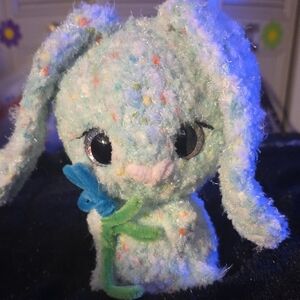 Hand Crafted Speckled Plush Bunny with Blue and Green Accents